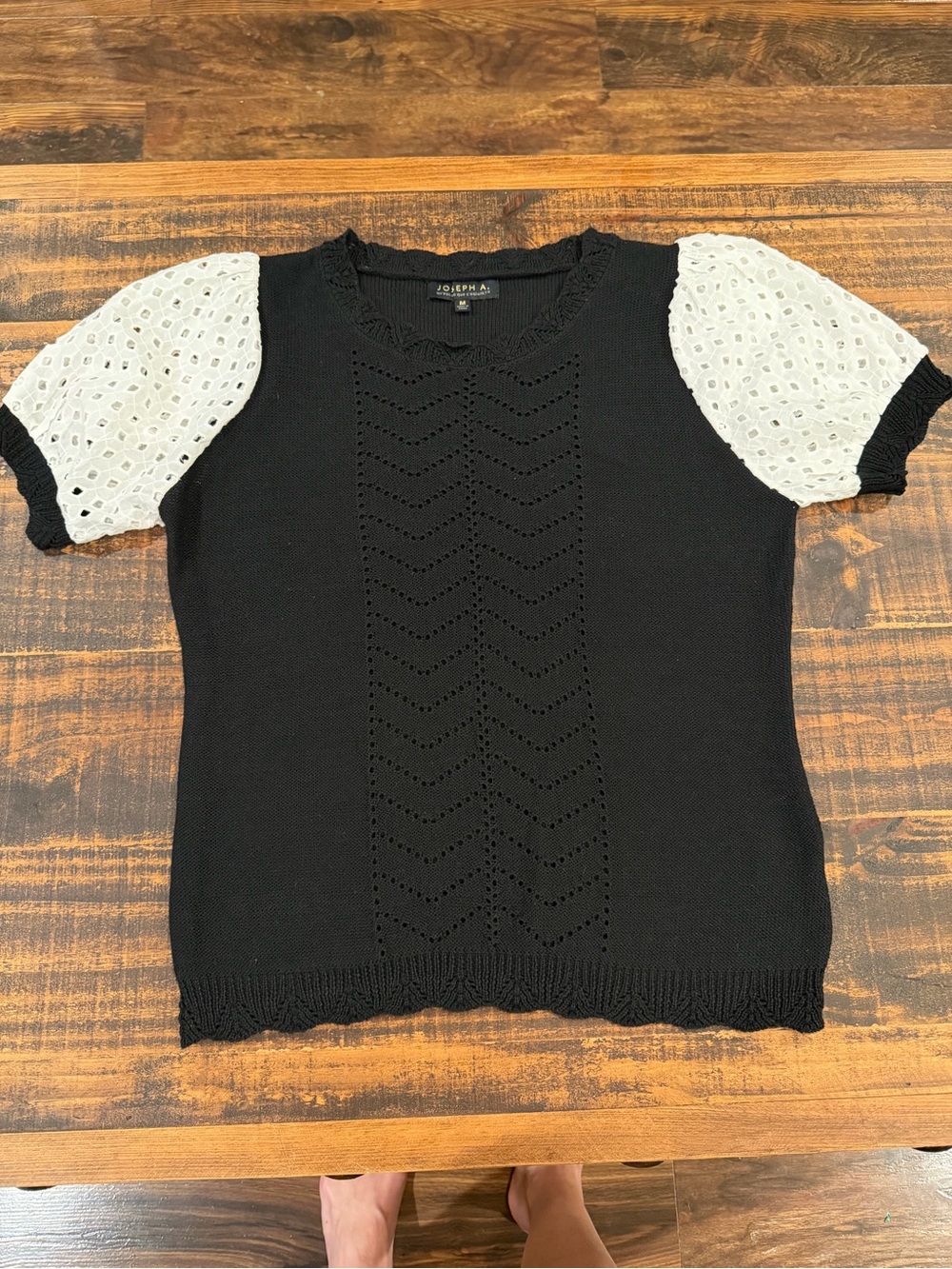 Joseph A Black Knit Top with White Eyelet Puff Sleeves